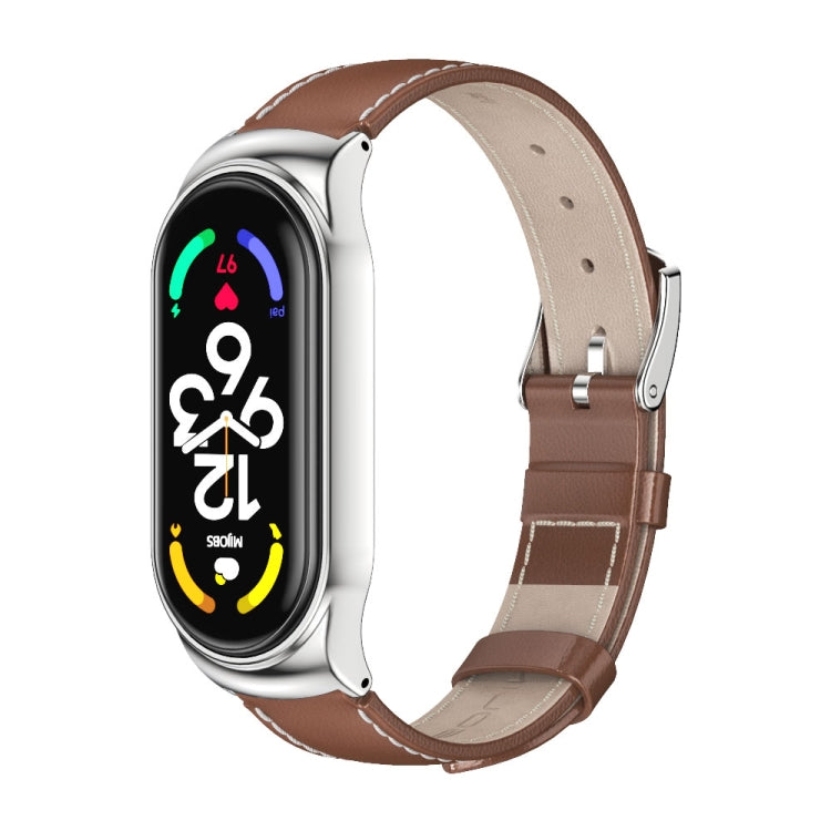 MIJOBS CS Custodia in metallo Cinturino per orologio in pelle bovina con strato superiore in vera pelle, For Xiaomi Mi Band 7 / 7 NFC