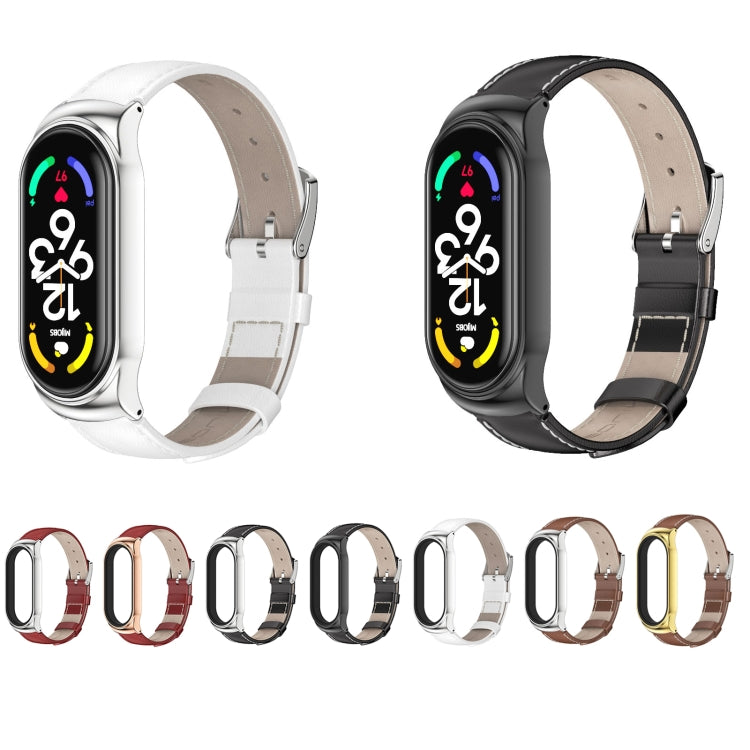 MIJOBS CS Custodia in metallo Cinturino per orologio in pelle bovina con strato superiore in vera pelle, For Xiaomi Mi Band 7 / 7 NFC