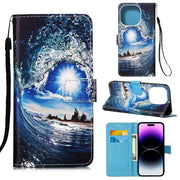 Custodia in pelle a trama piatta verniciata con cordino e slot per schede, portafoglio e supporto, For iPhone 14 Pro Max