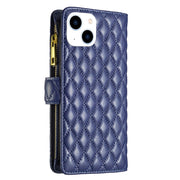 Custodia per telefono a conchiglia in pelle con portafoglio con cerniera Diamond Lattice, For iPhone 14, For iPhone 14 Plus, For iPhone 14 Pro, For iPhone 14 Pro Max