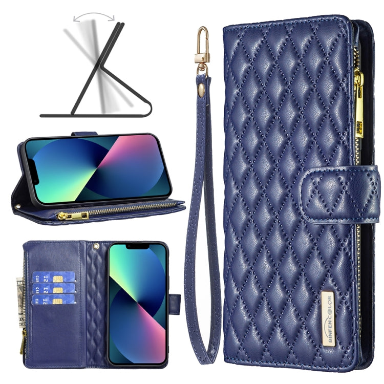 Custodia per telefono a conchiglia in pelle con portafoglio con cerniera Diamond Lattice, For iPhone 13 mini, For iPhone 13, For iPhone 13 Pro, For iPhone 13 Pro Max