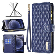 Custodia per telefono a conchiglia in pelle con portafoglio con cerniera Diamond Lattice, For iPhone 12 mini, For iPhone 12 / 12 Pro, For iPhone 12 Pro Max, For iPhone 11