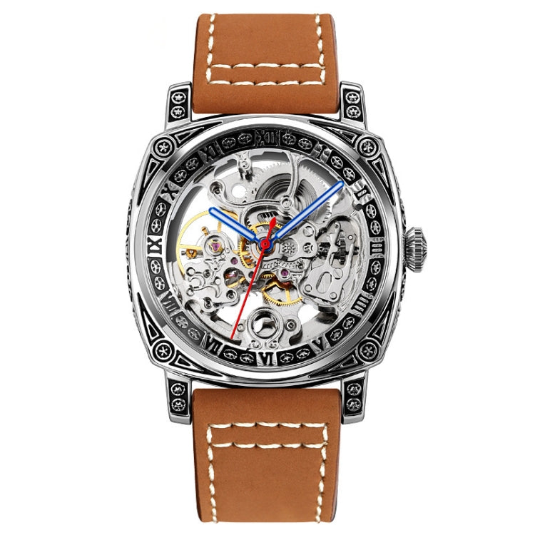 SKMEI 9271 Orologio meccanico impermeabile con cinturino in pelle con fibbia in acciaio inossidabile