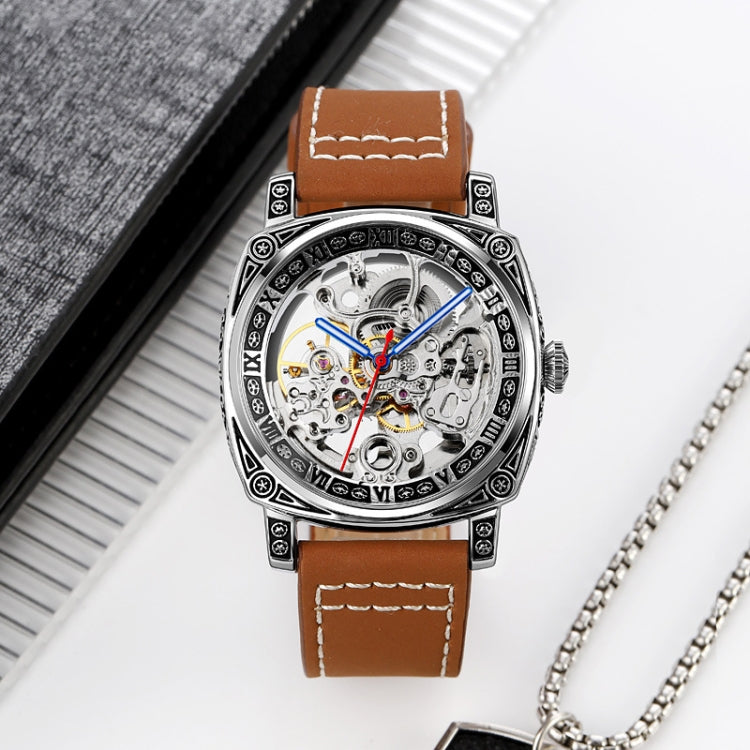 SKMEI 9271 Orologio meccanico impermeabile con cinturino in pelle con fibbia in acciaio inossidabile