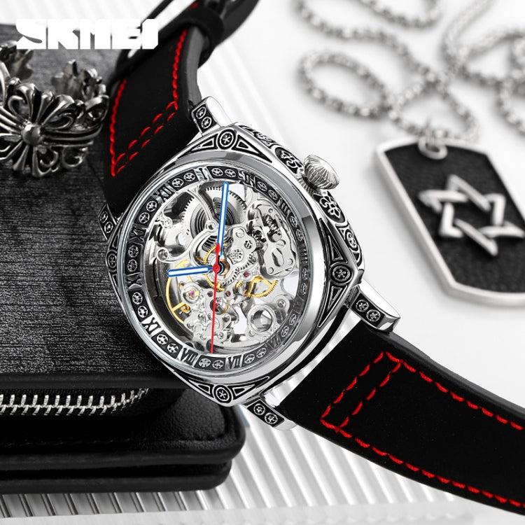 SKMEI 9271 Orologio meccanico impermeabile con cinturino in pelle con fibbia in acciaio inossidabile