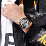 SKMEI 9271 Orologio meccanico impermeabile con cinturino in pelle con fibbia in acciaio inossidabile