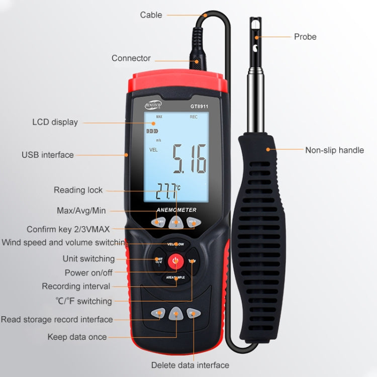 Anemometro digitale portatile a filo caldo LCD BENETECH GT8911, GT8911 Hot Wire Anemometer