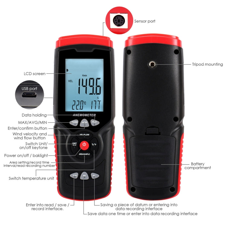 Anemometro digitale portatile a filo caldo LCD BENETECH GT8913, batteria non inclusa