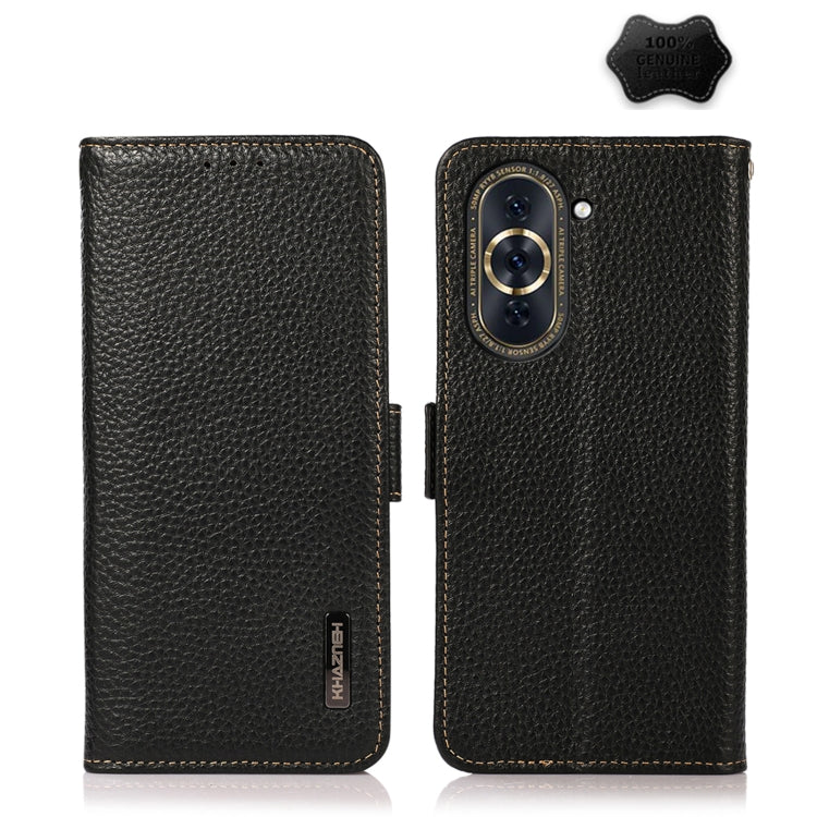 KHAZNEH Custodia per telefono RFID in vera pelle Litchi magnetica laterale, For Huawei Nova 10, For Huawei Nova 10 Pro