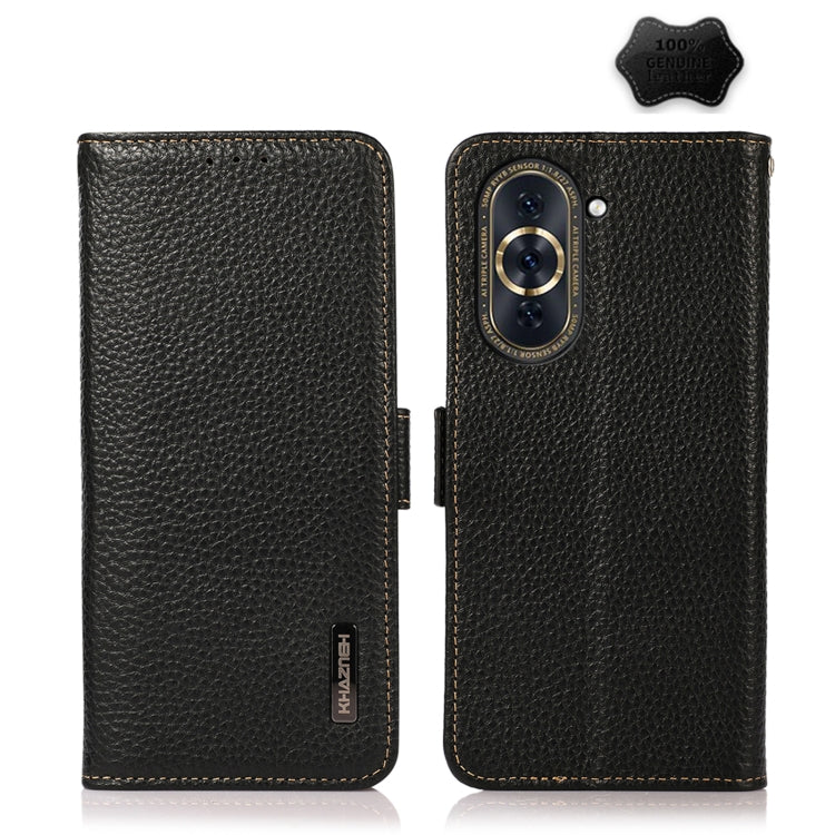 KHAZNEH Custodia per telefono RFID in vera pelle Litchi magnetica laterale, For Huawei Nova 10, For Huawei Nova 10 Pro