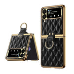 Custodia per telefono ad anello in pelle tinta unita con reticolo di diamanti, For Samsung Galaxy Z Flip4