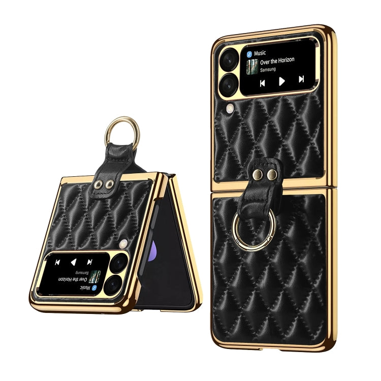 Custodia per telefono ad anello in pelle tinta unita con reticolo di diamanti, For Samsung Galaxy Z Flip4
