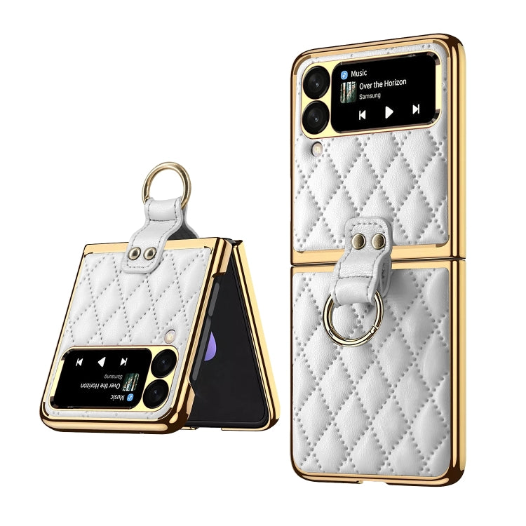 Custodia per telefono ad anello in pelle tinta unita con reticolo di diamanti, For Samsung Galaxy Z Flip4