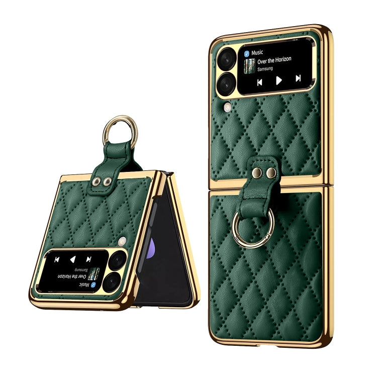 Custodia per telefono ad anello in pelle tinta unita con reticolo di diamanti, For Samsung Galaxy Z Flip4