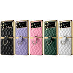 Custodia per telefono ad anello in pelle tinta unita con reticolo di diamanti, For Samsung Galaxy Z Flip4