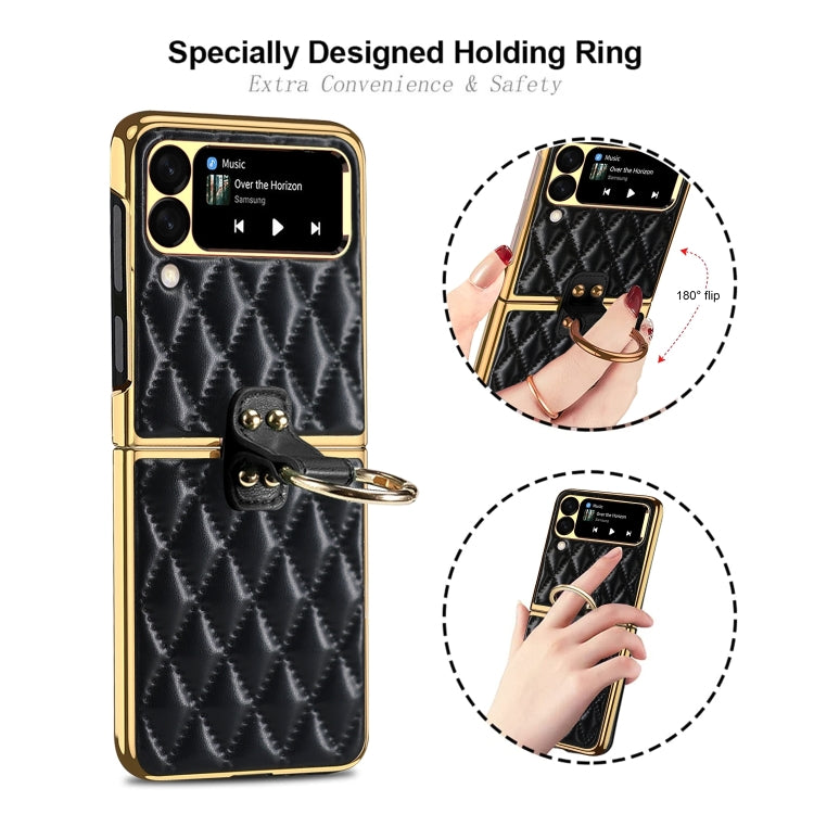 Custodia per telefono ad anello in pelle tinta unita con reticolo di diamanti, For Samsung Galaxy Z Flip4