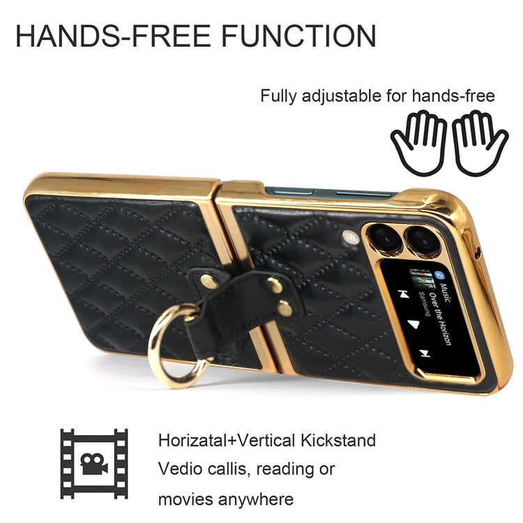 Custodia per telefono ad anello in pelle tinta unita con reticolo di diamanti, For Samsung Galaxy Z Flip4