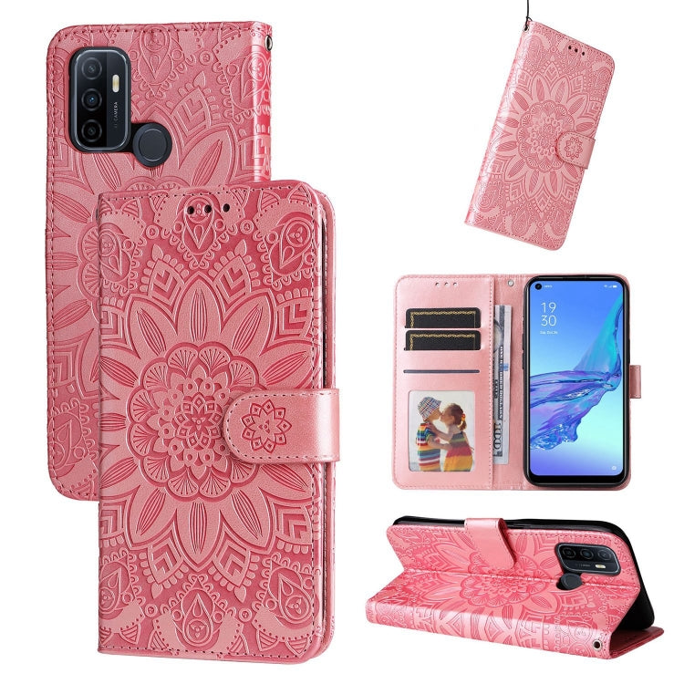 Custodia per telefono in pelle di girasole goffrata, For OPPO A53 / A53s / A33 / A32, For OPPO A54 4G / A16 / A16s / A55 4G, For OPPO A57 5G / Realme V23, For OPPO A74 4G / F19 4G / A95 4G