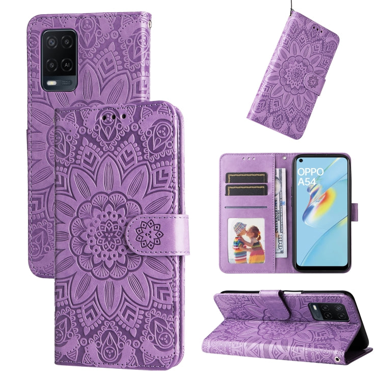 Custodia per telefono in pelle di girasole goffrata, For OPPO A53 / A53s / A33 / A32, For OPPO A54 4G / A16 / A16s / A55 4G, For OPPO A57 5G / Realme V23, For OPPO A74 4G / F19 4G / A95 4G