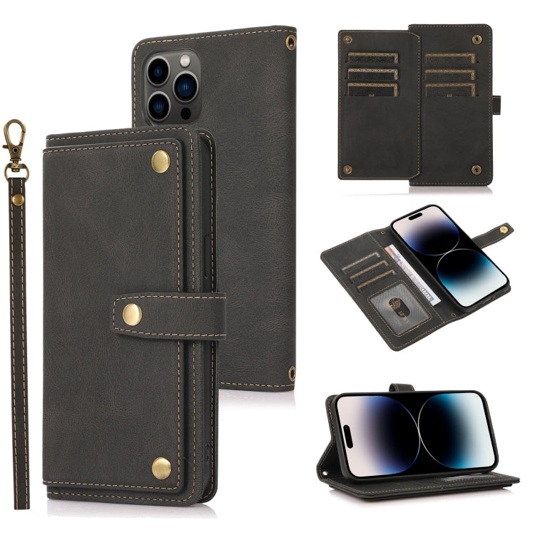 Custodia portafoglio in pelle con cordino per iPhone 14 Pro Max