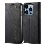 Custodia portafoglio in pelle con trama denim per iPhone 14 Pro M