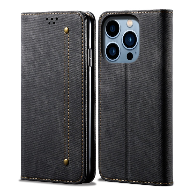 Custodia portafoglio in pelle con trama denim per iPhone 14 Pro M