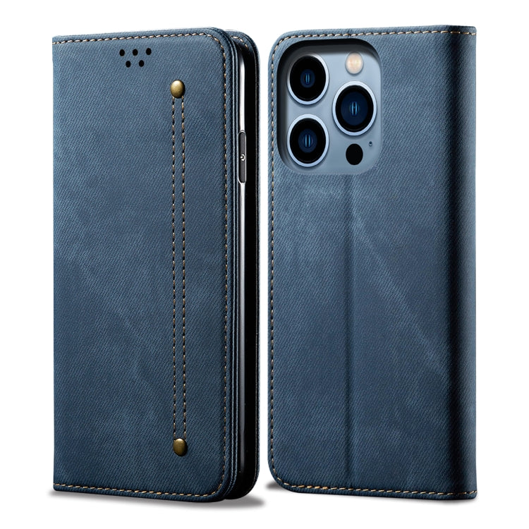 Custodia portafoglio in pelle con trama denim per iPhone 14 Pro M