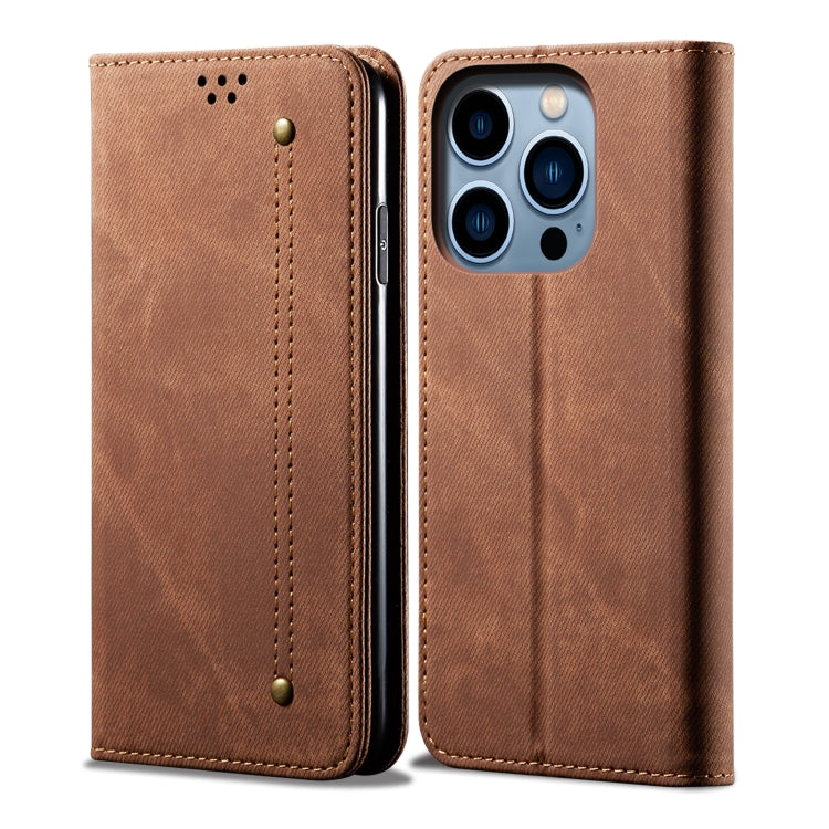 Custodia portafoglio in pelle con trama denim per iPhone 14 Pro M