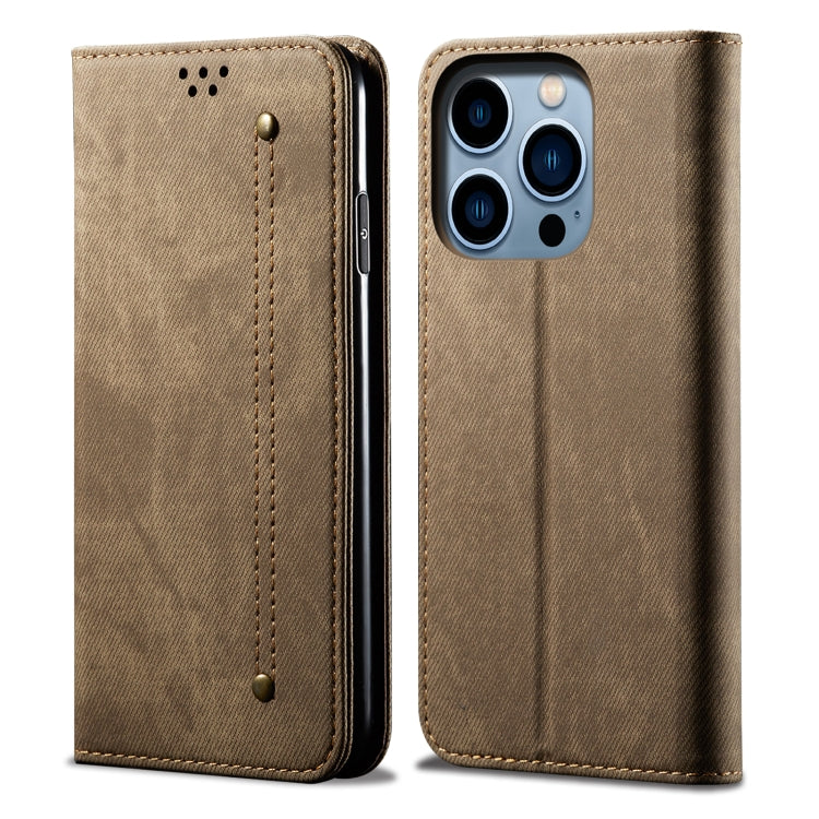 Custodia portafoglio in pelle con trama denim per iPhone 14 Pro M