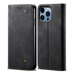 Custodia portafoglio in pelle con trama denim per iPhone 14 Pro M
