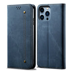 Custodia portafoglio in pelle con trama denim per iPhone 14 Pro M