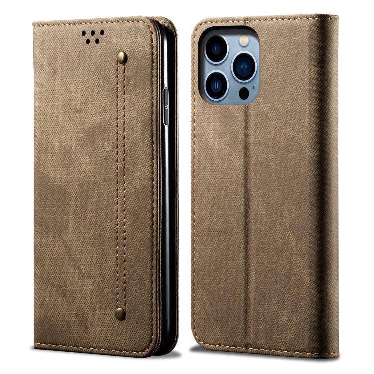 Custodia portafoglio in pelle con trama denim per iPhone 14 Pro M