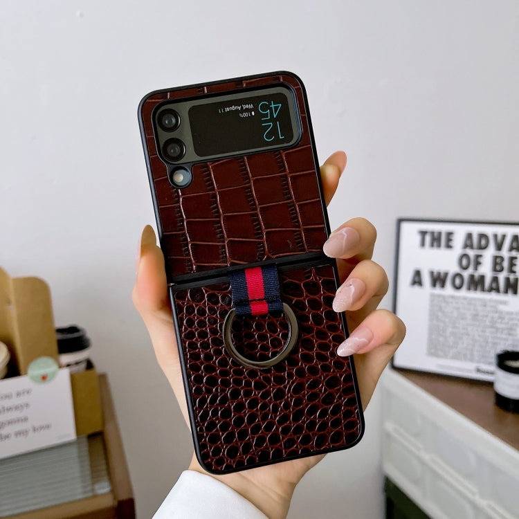 Custodia per cellulare in vera pelle di coccodrillo con anello, For Samsung Galaxy Z Flip4