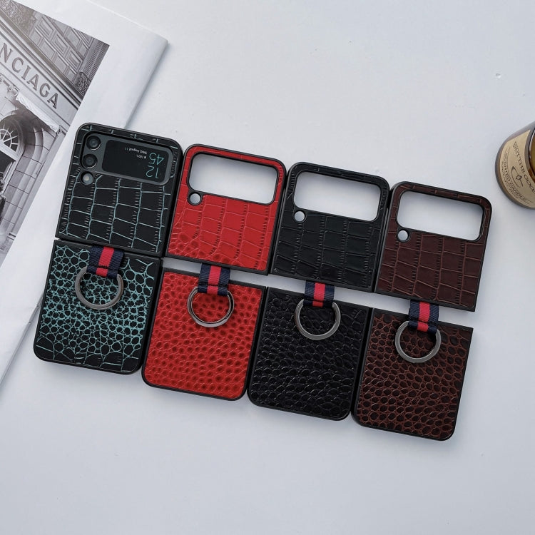 Custodia per cellulare in vera pelle di coccodrillo con anello, For Samsung Galaxy Z Flip4