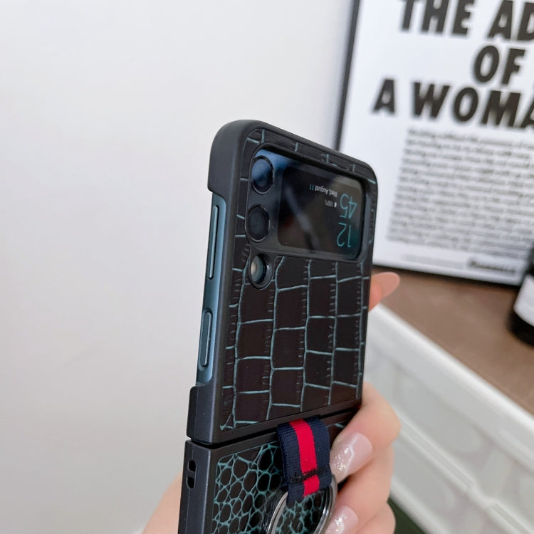 Custodia per cellulare in vera pelle di coccodrillo con anello, For Samsung Galaxy Z Flip4