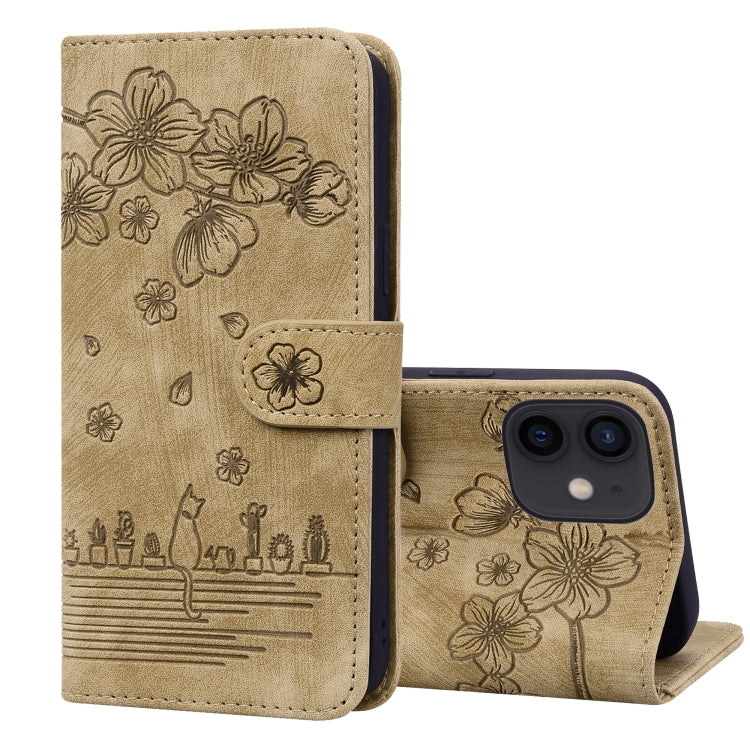 Custodia in pelle goffrata Cartoon Sakura Cat, For iPhone 12 mini, For iPhone 12 / 12 Pro, For iPhone 12 Pro Max, For iPhone 11