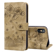 Custodia in pelle goffrata Cartoon Sakura Cat, For iPhone X / XS, For iPhone XR, For iPhone XS Max, For iPhone SE 2022 / SE 2020 / 7 / 8