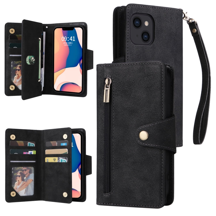 Rivetto Fibbia 9 carte Custodia per telefono in pelle a tre pieghe, For iPhone 14, For iPhone 14 Plus, For iPhone 14 Pro, For iPhone 14 Pro Max