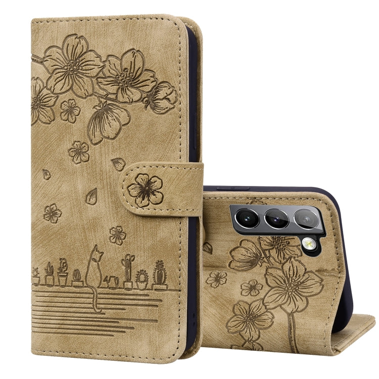 Custodia per telefono in pelle goffrata con gatto Sakura Cartoon, For Samsung Galaxy S22 5G, For Samsung Galaxy S22+ 5G, For Samsung Galaxy S22 Ultra 5G, For Samsung Galaxy S21 5G