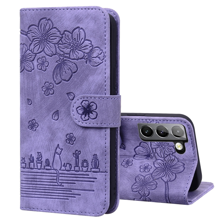 Custodia per telefono in pelle goffrata con gatto Sakura Cartoon, For Samsung Galaxy S22 5G, For Samsung Galaxy S22+ 5G, For Samsung Galaxy S22 Ultra 5G, For Samsung Galaxy S21 5G