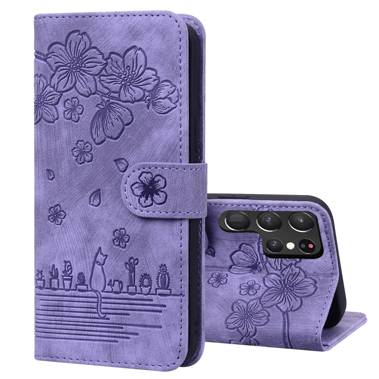 Custodia per telefono in pelle goffrata con gatto Sakura Cartoon, For Samsung Galaxy S22 5G, For Samsung Galaxy S22+ 5G, For Samsung Galaxy S22 Ultra 5G, For Samsung Galaxy S21 5G