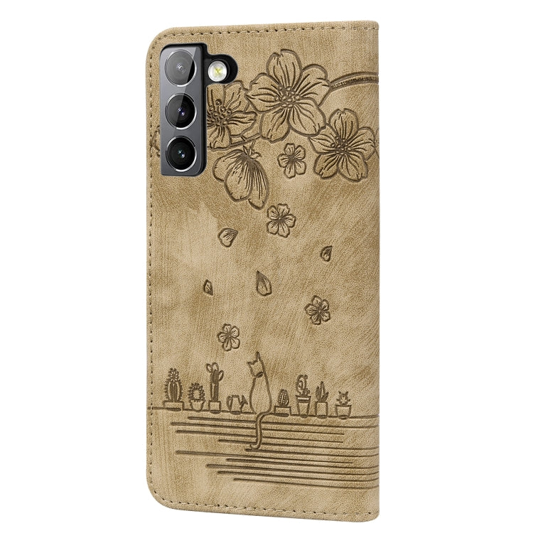 Custodia per telefono in pelle goffrata con gatto Sakura Cartoon, For Samsung Galaxy S21+ 5G, For Samsung Galaxy S21 Ultra 5G, For Samsung Galaxy S20 FE 5G / S20 FE, For Samsung Galaxy A12
