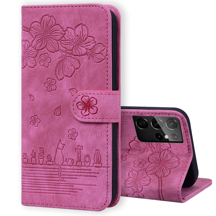 Custodia per telefono in pelle goffrata con gatto Sakura Cartoon, For Samsung Galaxy S21+ 5G, For Samsung Galaxy S21 Ultra 5G, For Samsung Galaxy S20 FE 5G / S20 FE, For Samsung Galaxy A12