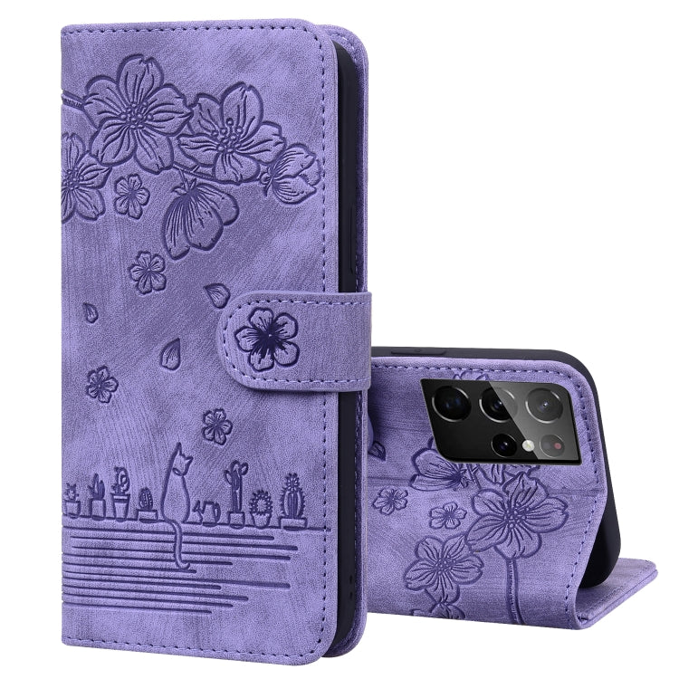 Custodia per telefono in pelle goffrata con gatto Sakura Cartoon, For Samsung Galaxy S21+ 5G, For Samsung Galaxy S21 Ultra 5G, For Samsung Galaxy S20 FE 5G / S20 FE, For Samsung Galaxy A12