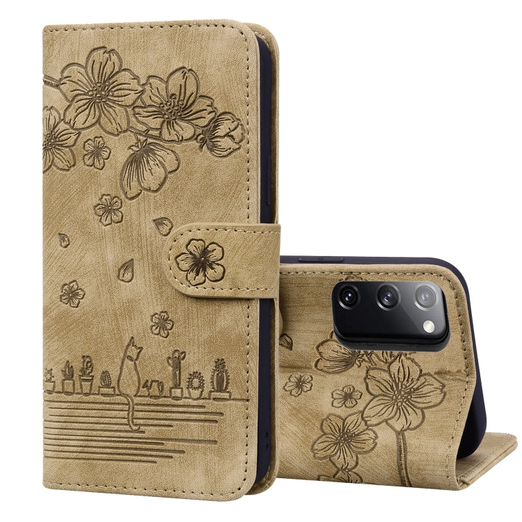 Custodia per telefono in pelle goffrata con gatto Sakura Cartoon, For Samsung Galaxy S21+ 5G, For Samsung Galaxy S21 Ultra 5G, For Samsung Galaxy S20 FE 5G / S20 FE, For Samsung Galaxy A12