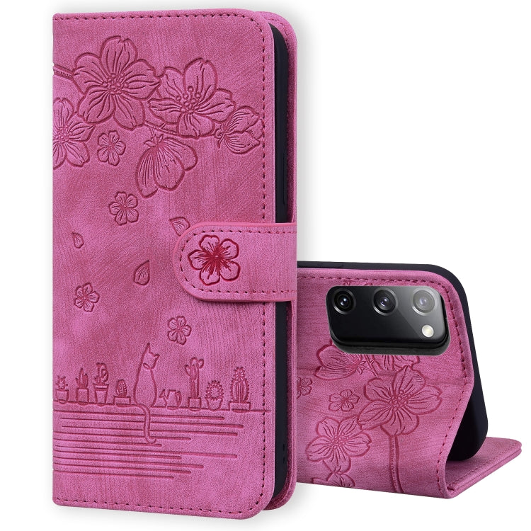 Custodia per telefono in pelle goffrata con gatto Sakura Cartoon, For Samsung Galaxy S21+ 5G, For Samsung Galaxy S21 Ultra 5G, For Samsung Galaxy S20 FE 5G / S20 FE, For Samsung Galaxy A12