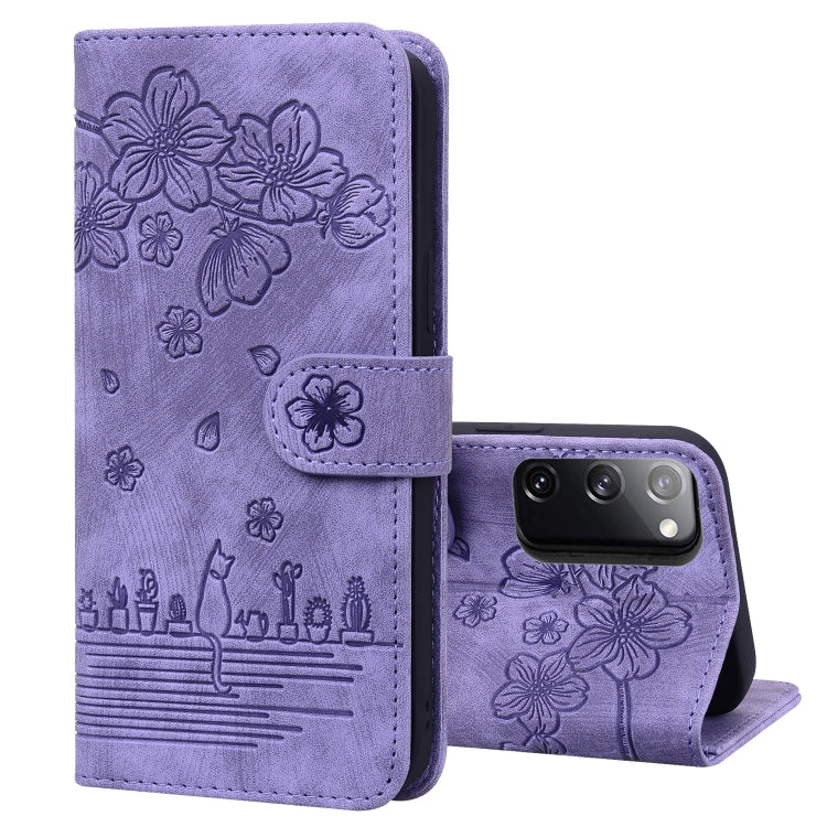 Custodia per telefono in pelle goffrata con gatto Sakura Cartoon, For Samsung Galaxy S21+ 5G, For Samsung Galaxy S21 Ultra 5G, For Samsung Galaxy S20 FE 5G / S20 FE, For Samsung Galaxy A12