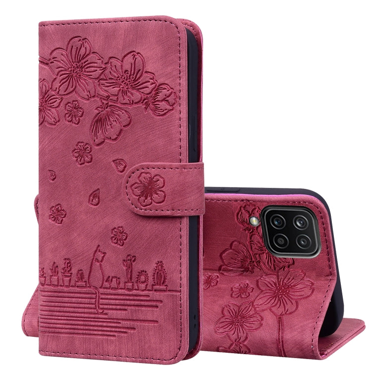 Custodia per telefono in pelle goffrata con gatto Sakura Cartoon, For Samsung Galaxy S21+ 5G, For Samsung Galaxy S21 Ultra 5G, For Samsung Galaxy S20 FE 5G / S20 FE, For Samsung Galaxy A12