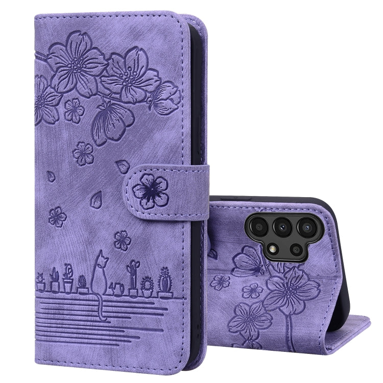 Custodia per telefono in pelle goffrata con gatto Sakura Cartoon, For Samsung Galaxy A13 4G / 5G, For Samsung Galaxy A20 / A30, For Samsung Galaxy A22 4G, For Samsung Galaxy A22 5G / A22s 5G