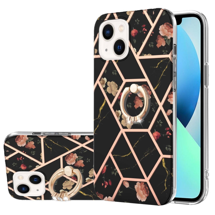 Custodia antiurto in TPU con motivo floreale in marmo con giunzione elettrolitica con supporto per anello di strass, For iPhone 14, For iPhone 14 Plus, For iPhone 14 Pro, For iPhone 14 Pro Max